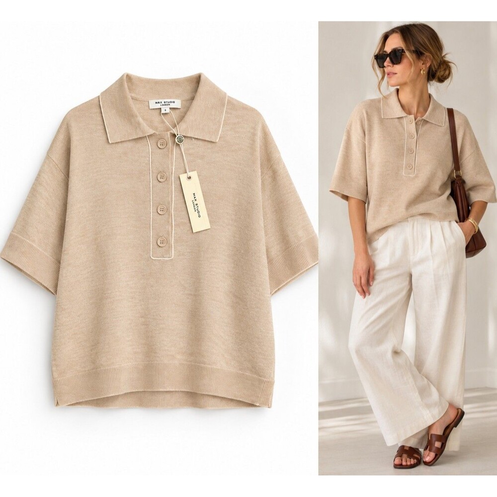 NWT Max Studio London Polo Sweater Top S Oatmeal Beige Oversized MSRP $118